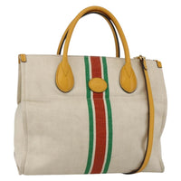 Gucci Foldable Web Tote Canvas With Leather Beige Canvas Tote Bag Bag (Authentic Pre-Loved)