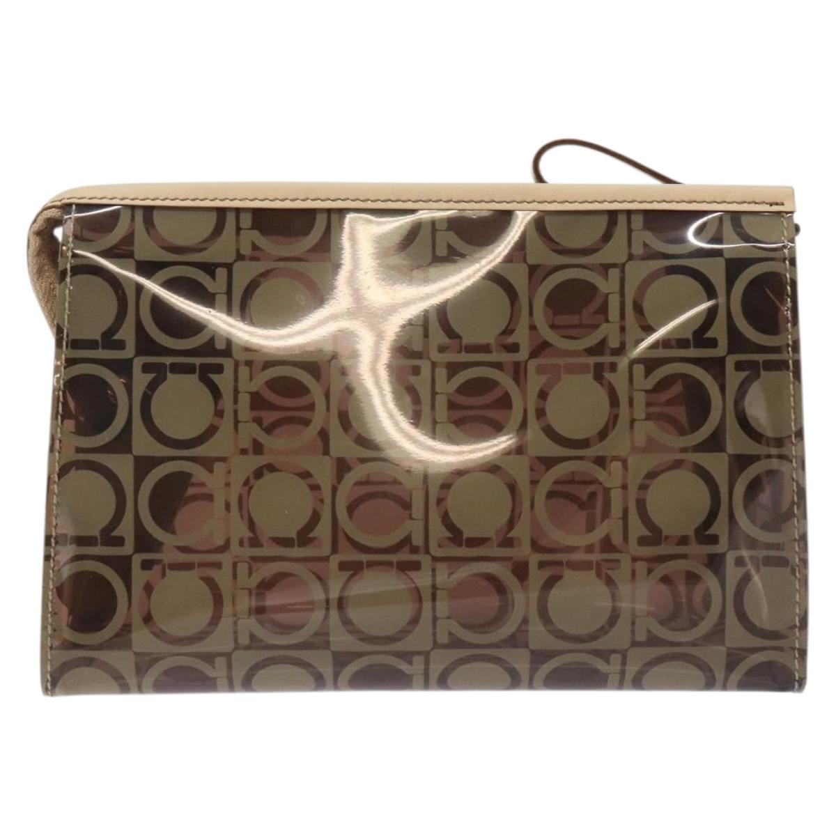 Salvatore Ferragamo Gancini Pouch Canvas Brown Vinyl Clutche & Pouche Bag (Authentic Pre-Loved)