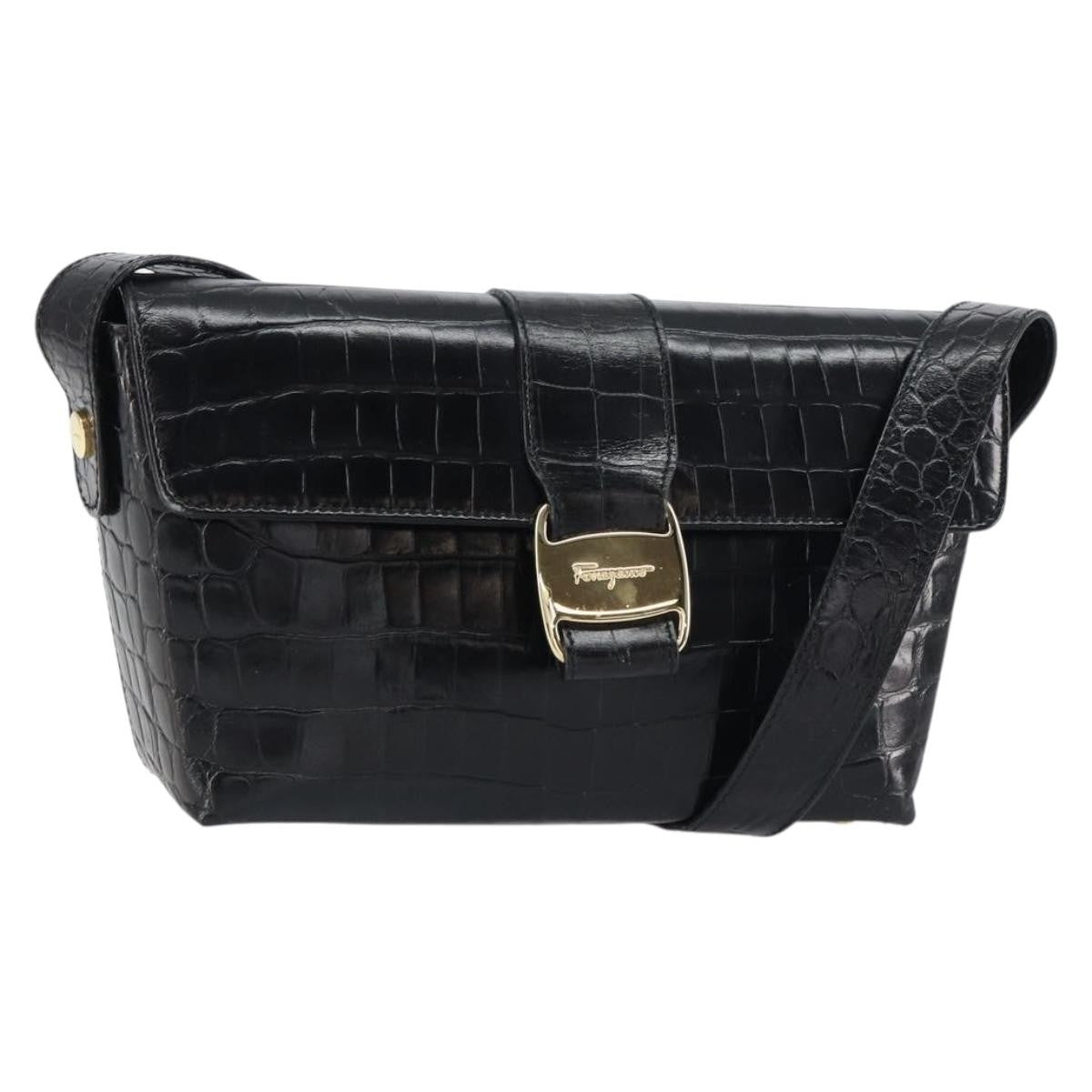Salvatore Ferragamo Vala Shoulder Bag Embossed Leather Black Leather Shoulder Bag Bag (Authentic Pre-Loved)