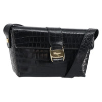 Salvatore Ferragamo Vala Shoulder Bag Embossed Leather Black Leather Shoulder Bag Bag (Authentic Pre-Loved)