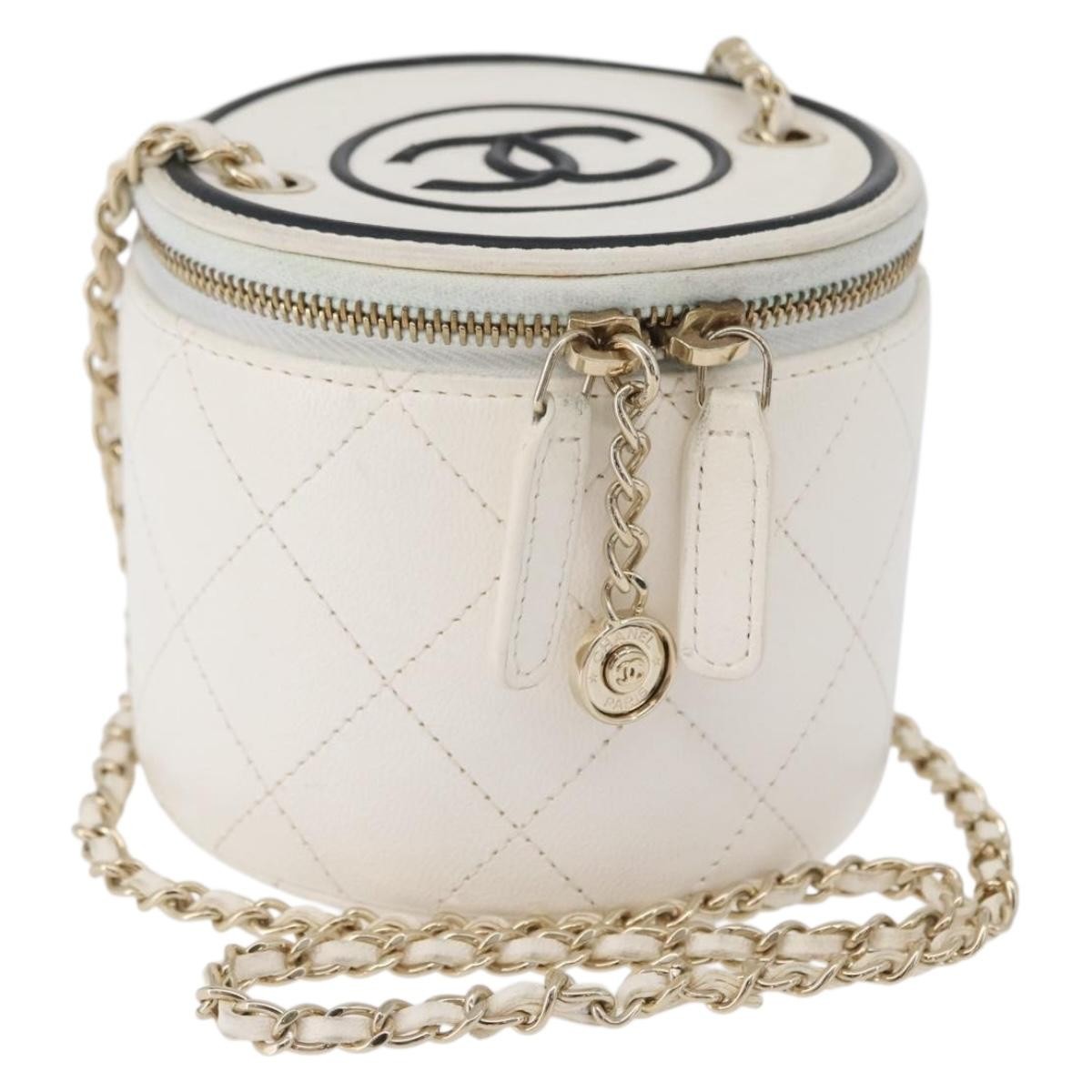 Chanel Cc Round Vanity Case With Chain Quilted Lambskin White Leather Clutche & Pouche Bag (Pre-Loved)
