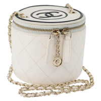 Chanel Cc Round Vanity Case With Chain Quilted Lambskin White Leather Clutche & Pouche Bag (Pre-Loved)