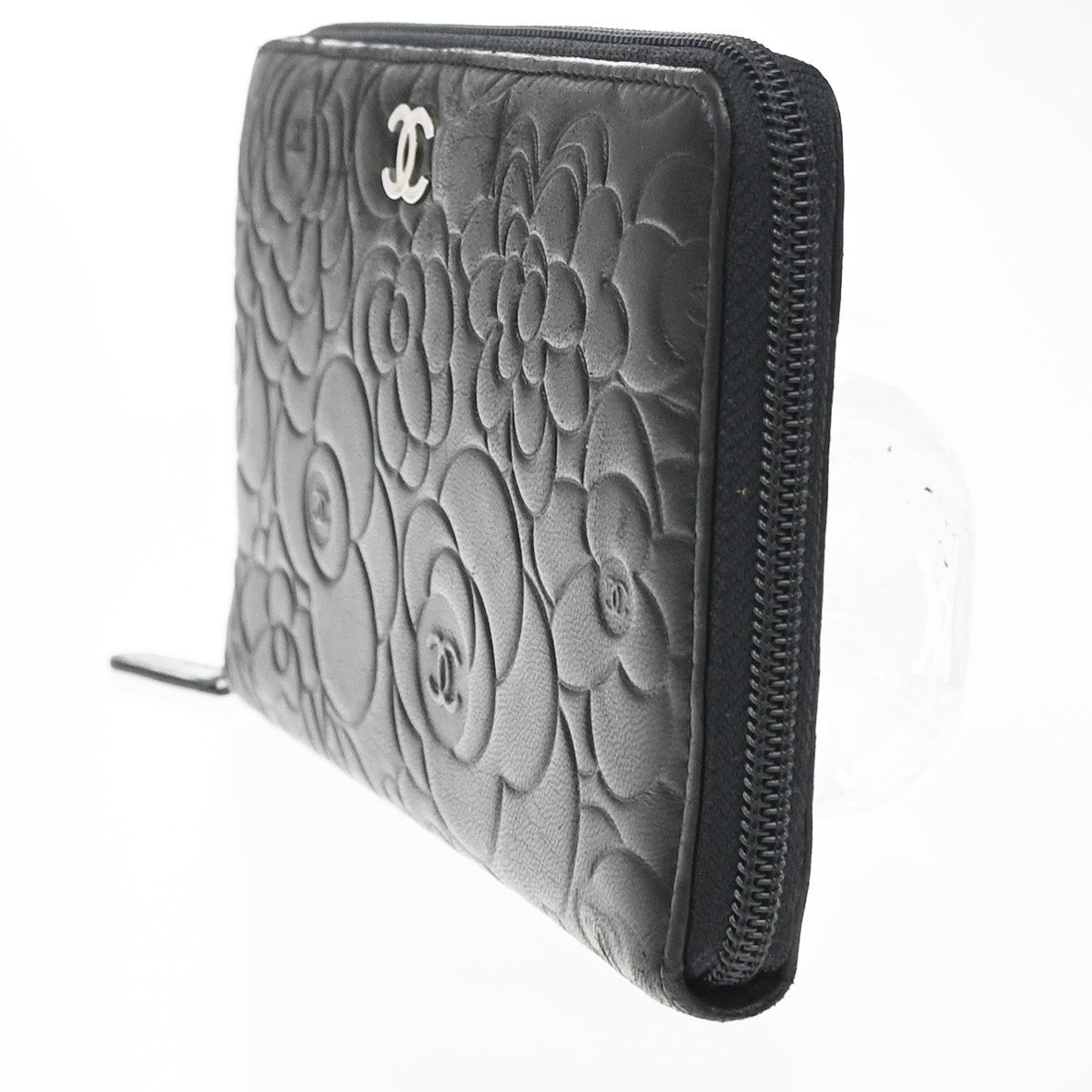 Chanel Camellia Zip Around Organizer Leather Black Leather Wallets Accessory (Authentic Pre-Loved)