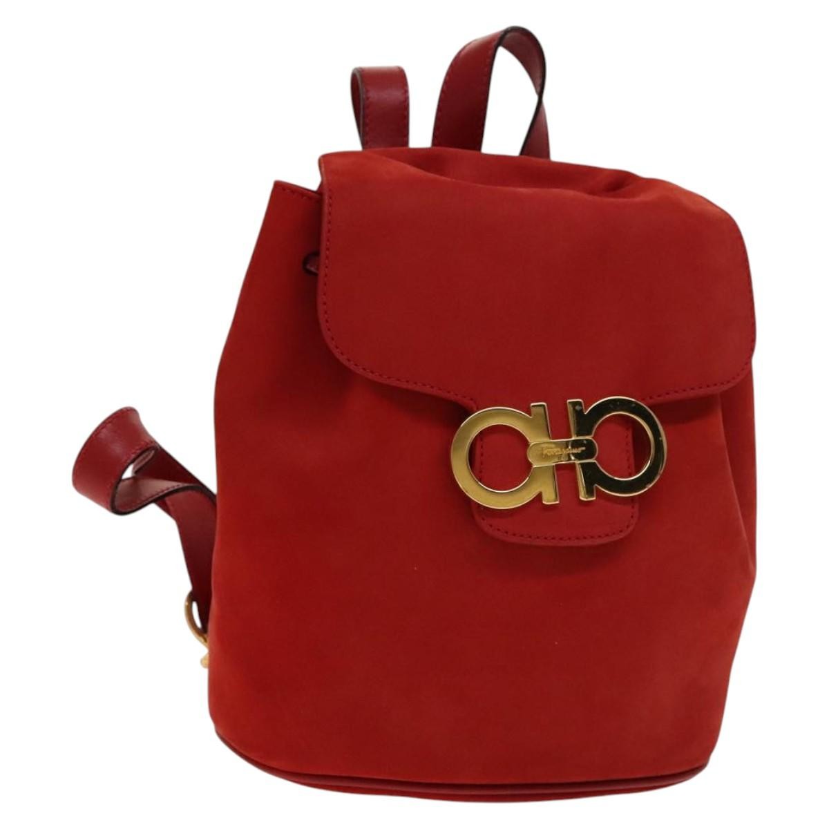 Salvatore Ferragamo Gancini Flap Drawstring Backpack Suede Red Suede Backpack Bag (Authentic Pre-Loved)