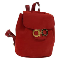 Salvatore Ferragamo Gancini Flap Drawstring Backpack Suede Red Suede Backpack Bag (Authentic Pre-Loved)