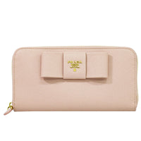 Prada Bow Zip Around Wallet Saffiano Leather Pink Leather Wallets Accessory (Authentic Pre-Loved)