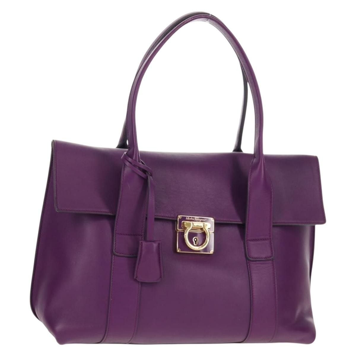 Salvatore Ferragamo Gancini Lock Flap Tote Leather Purple Leather Handbag (Authentic Pre-Loved)