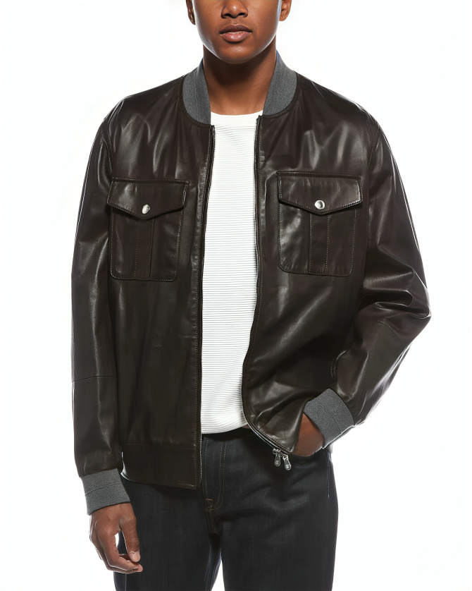 Brunello Cucinelli Leather Bomber Jacket with Flap Pockets