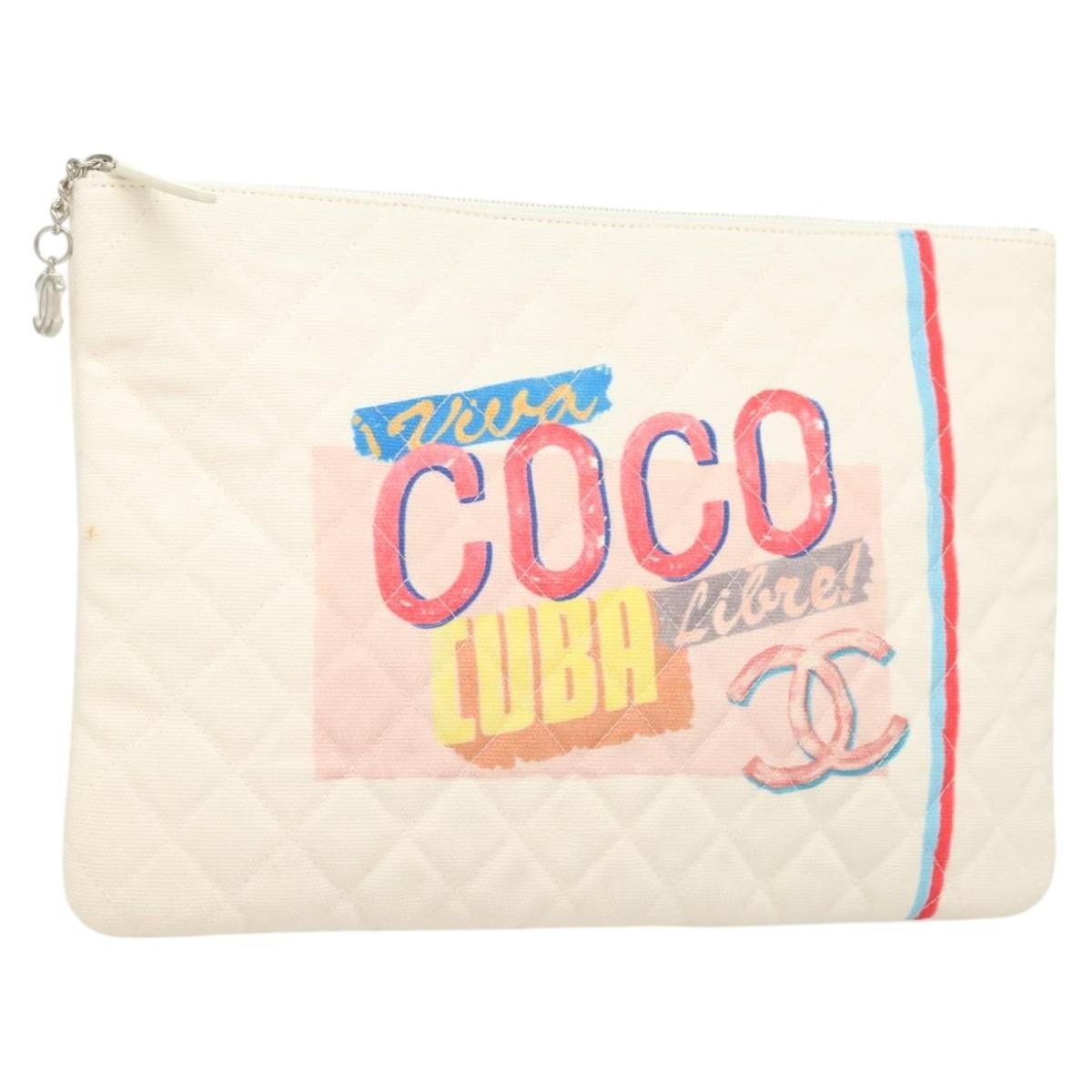 Chanel Coco Cuba Pouch Printed Quilted Canvas White Canvas Bag (Pre-Loved)