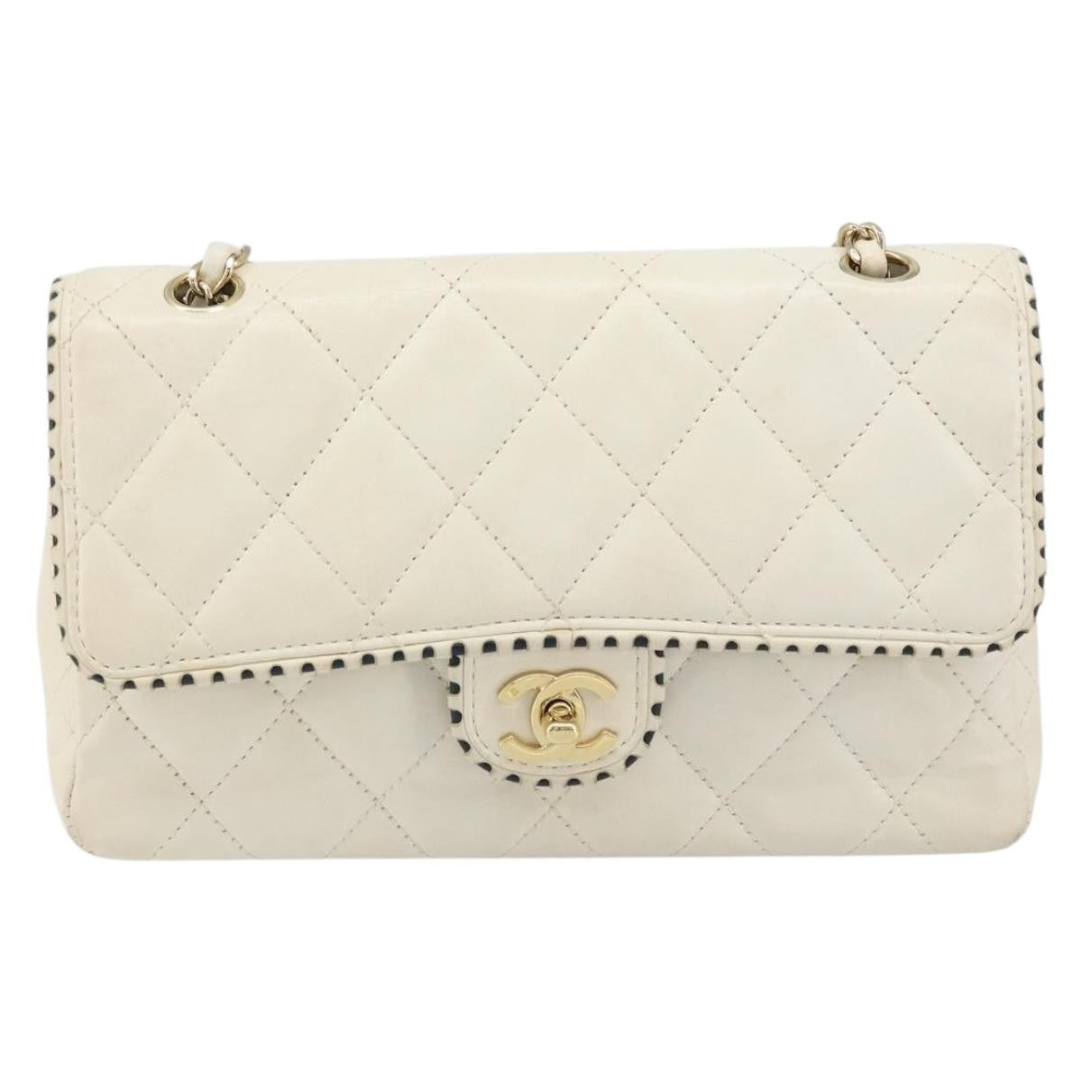 Chanel Vintage Punched Edge Classic Single Flap Bag Quilted Lambskin White Leather Shoulder Bag Bag (Pre-Loved)