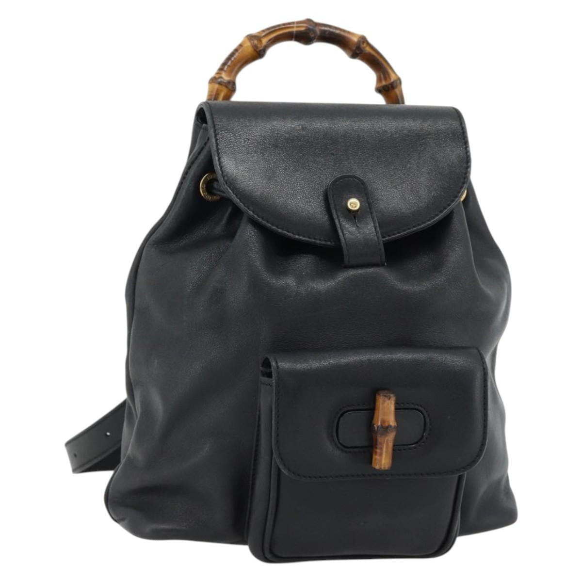 Gucci Vintage Bamboo Backpack Leather Black Leather Backpack Bag (Authentic Pre-Loved)