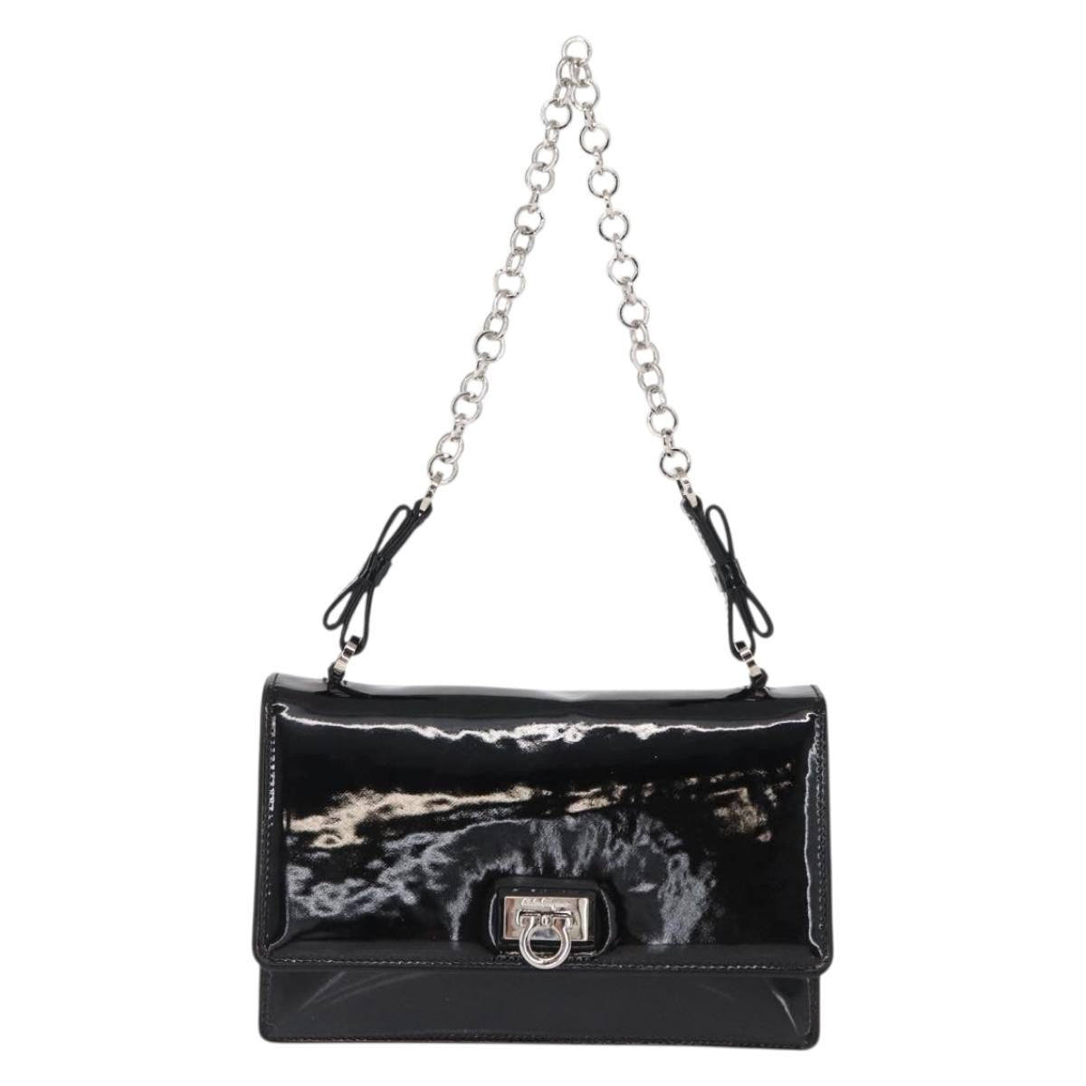 Salvatore Ferragamo Gancini Chain Shoulder Bag Patent Leather Black Patent_Leather Shoulder Bag Bag (Pre-Loved)