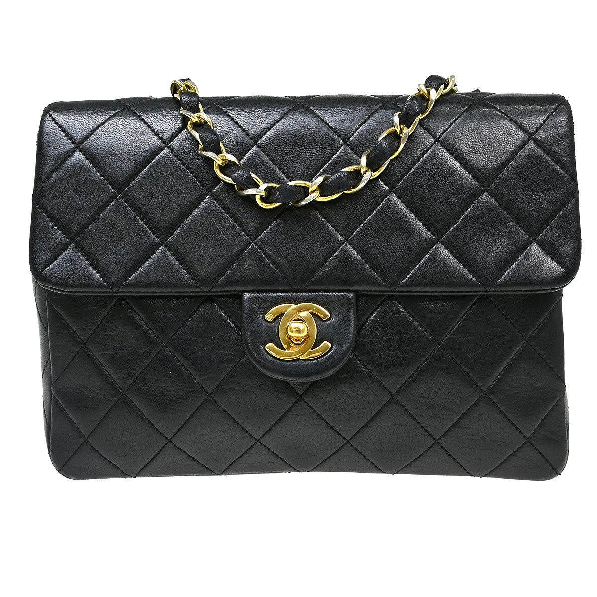Chanel Vintage Square Classic Single Flap Bag Vertical Quilt Lambskin Black Leather Handbag (Authentic Pre-Loved)