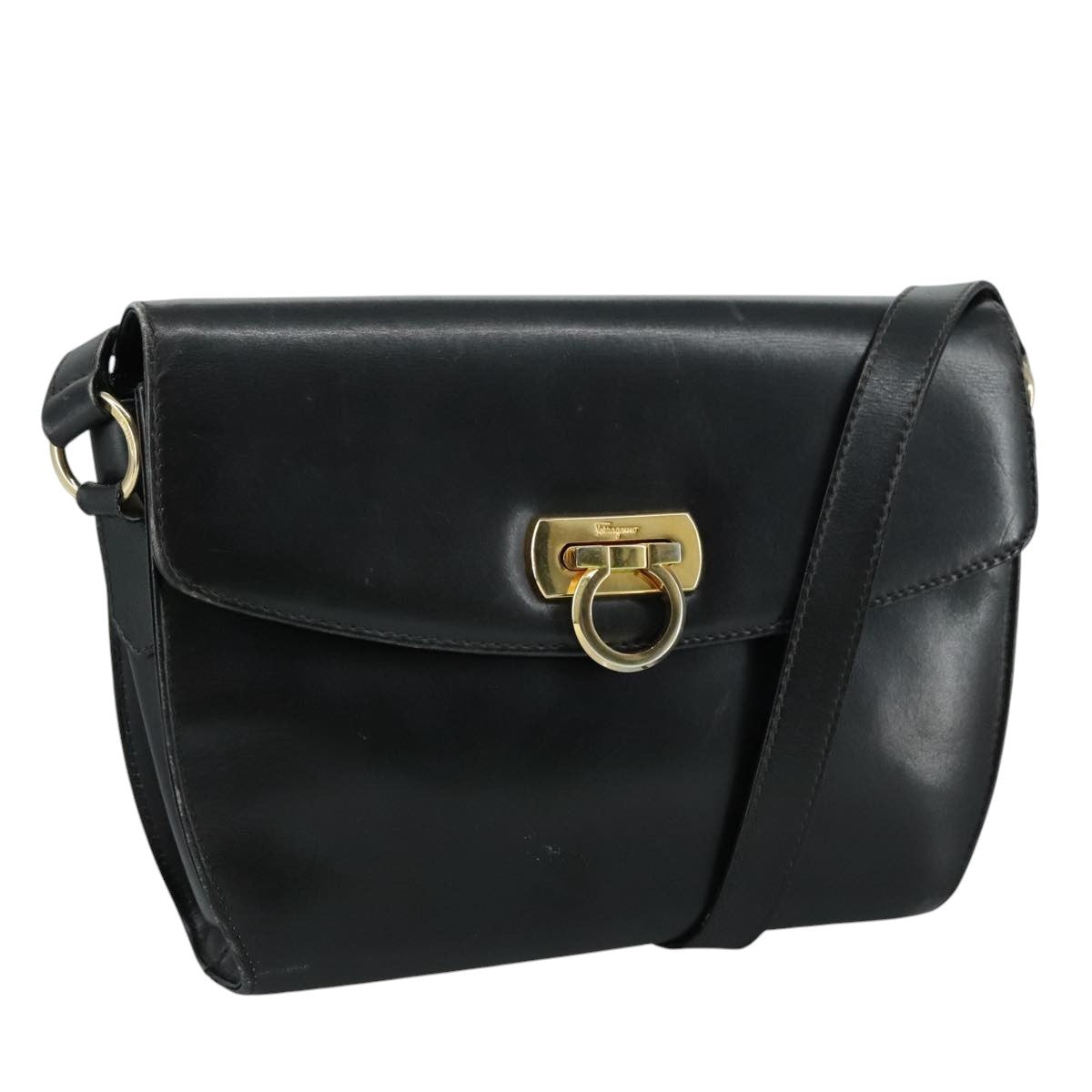 Salvatore Ferragamo Gancini Flap Shoulder Bag Leather Black Leather Shoulder Bag Bag (Authentic Pre-Loved)