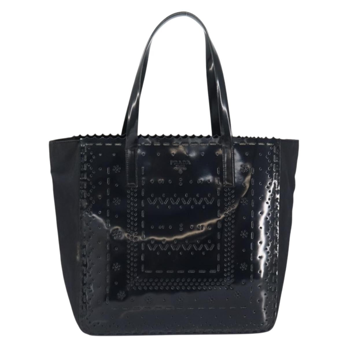 Prada Vintage Tote Tessuto With Leather Black Patent_Leather Tote Bag Bag (Authentic Pre-Loved)