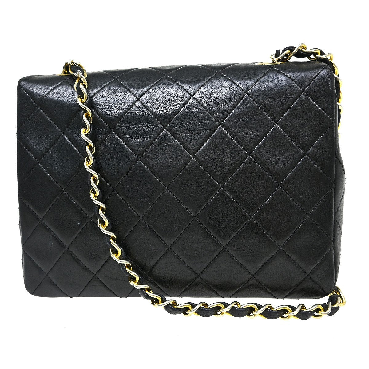 Chanel Vintage Square Classic Single Flap Bag Vertical Quilt Lambskin Black Leather Handbag (Authentic Pre-Loved)
