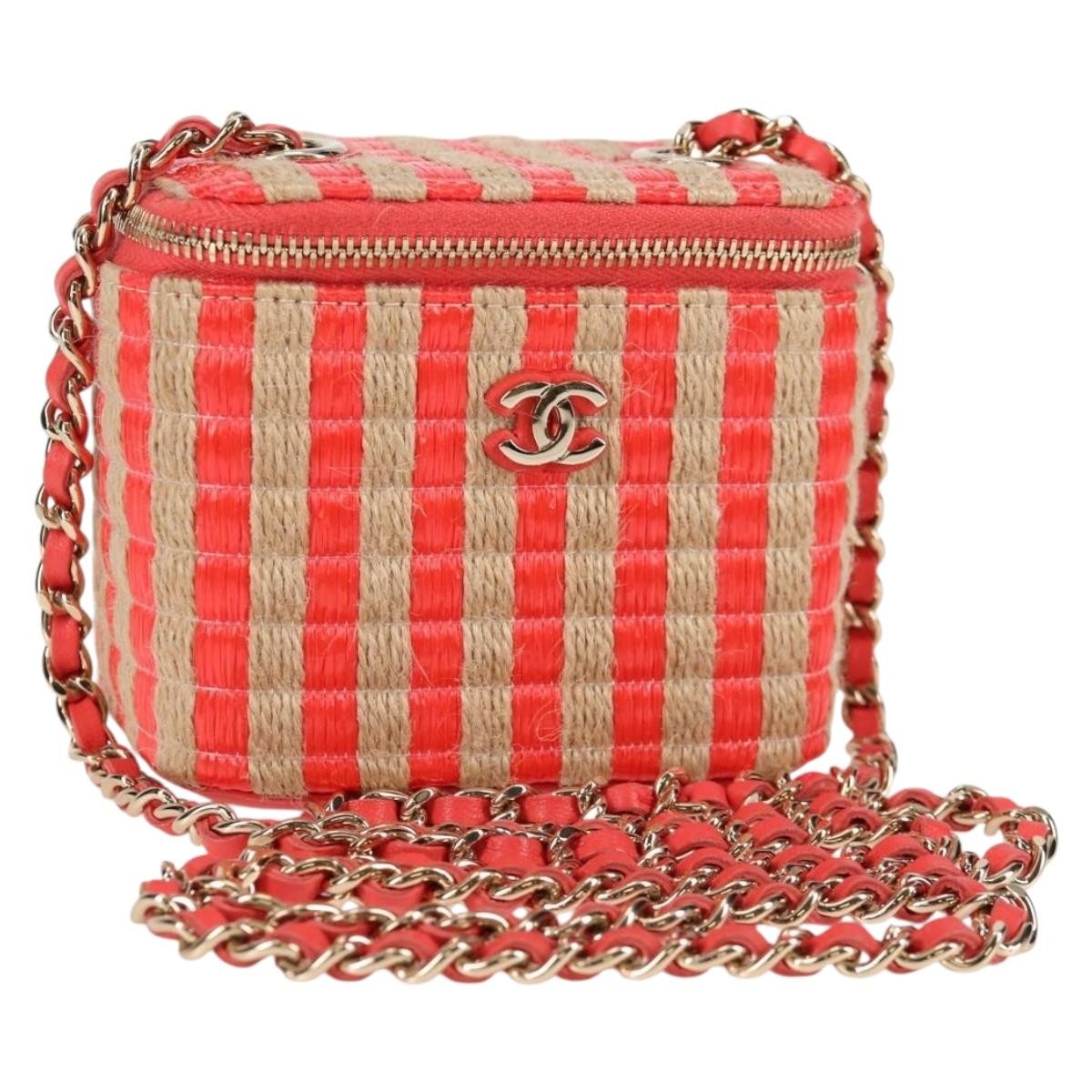 Chanel Classic Vanity Case With Chain Striped Raffia And Jute Red Canvas Shoulder Bag Bag (Authentic Pre-Loved)
