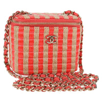 Chanel Classic Vanity Case With Chain Striped Raffia And Jute Red Canvas Shoulder Bag Bag (Authentic Pre-Loved)