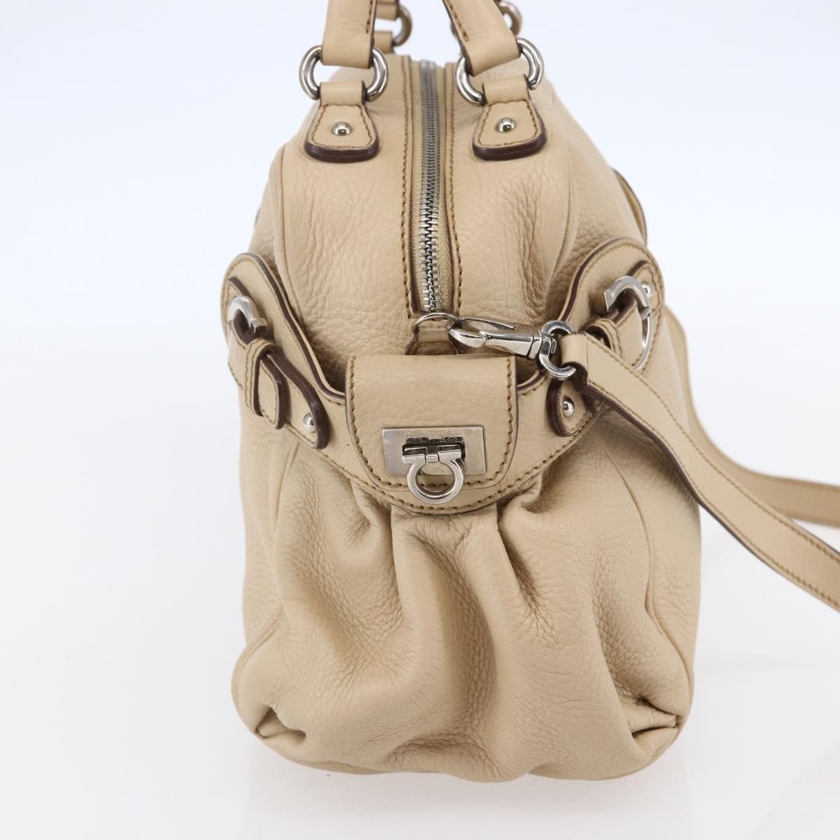 Salvatore Ferragamo Gancini Handbag Leather Beige Leather Shoulder Bag Bag (Authentic Pre-Loved)