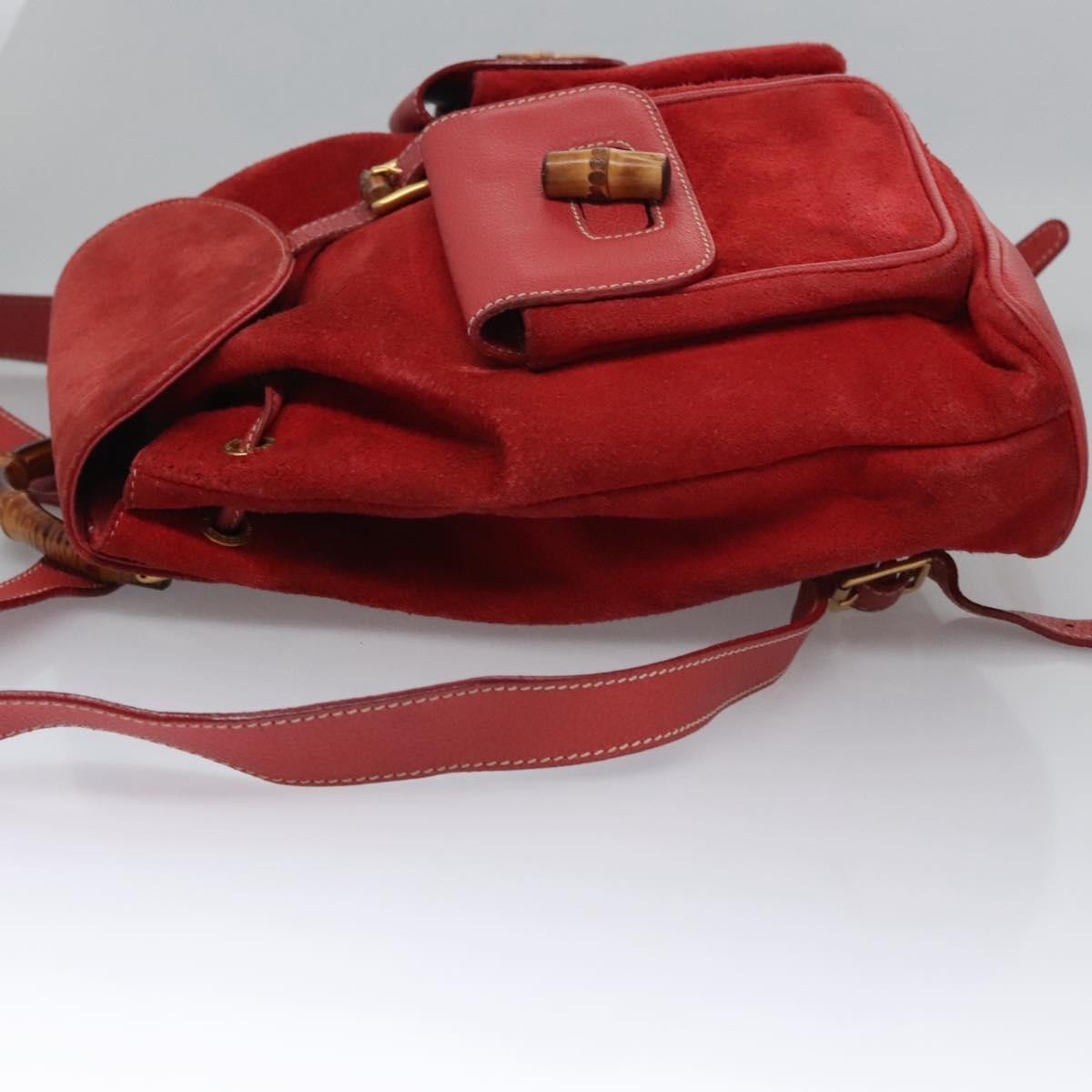 Gucci Vintage Bamboo Backpack Suede And Leather Red Suede Backpack Bag (Authentic Pre-Loved)
