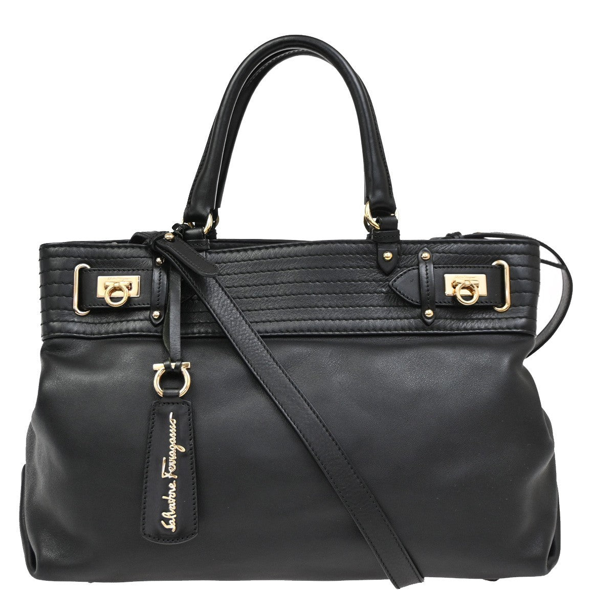 Salvatore Ferragamo Gancini Tote Leather Black Leather Tote Bag Bag (Authentic Pre-Loved)