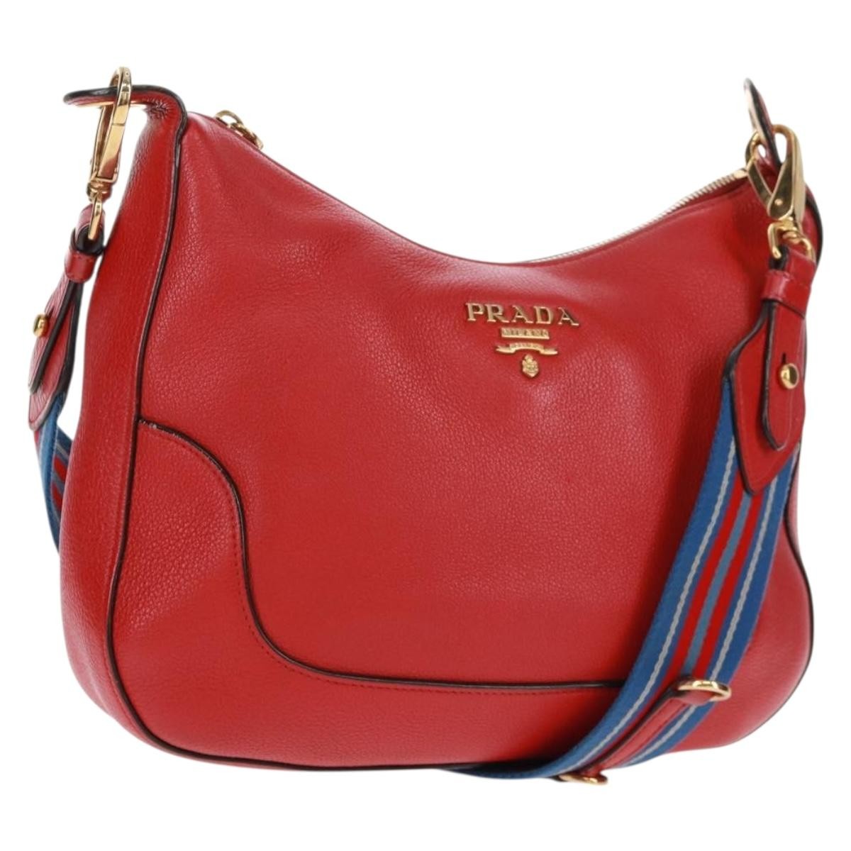 Prada Striped Strap Zip Hobo Vitello Daino Red Leather Shoulder Bag Bag (Pre-Loved)