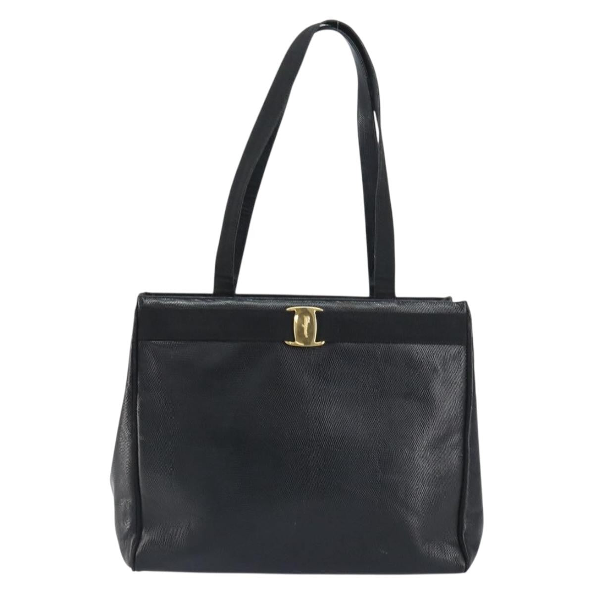 Salvatore Ferragamo Vintage Vara Bow Tote Lizard Embossed Leather Black Leather Tote Bag Bag (Authentic Pre-Loved)