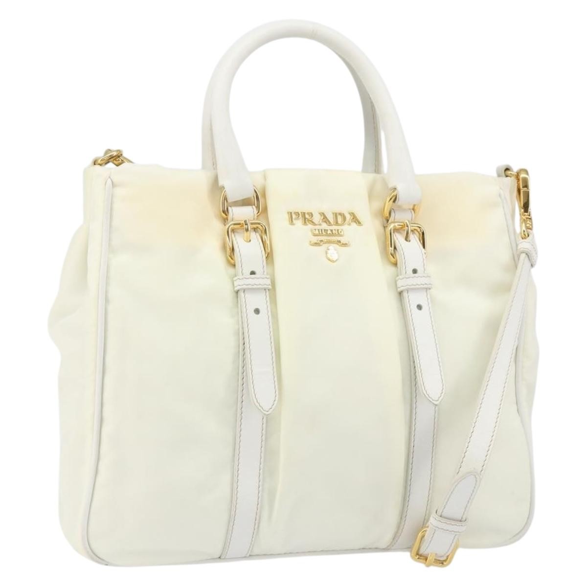 Prada Vintage Tote Tessuto With Leather White Nylon Tote Bag Bag (Authentic Pre-Loved)