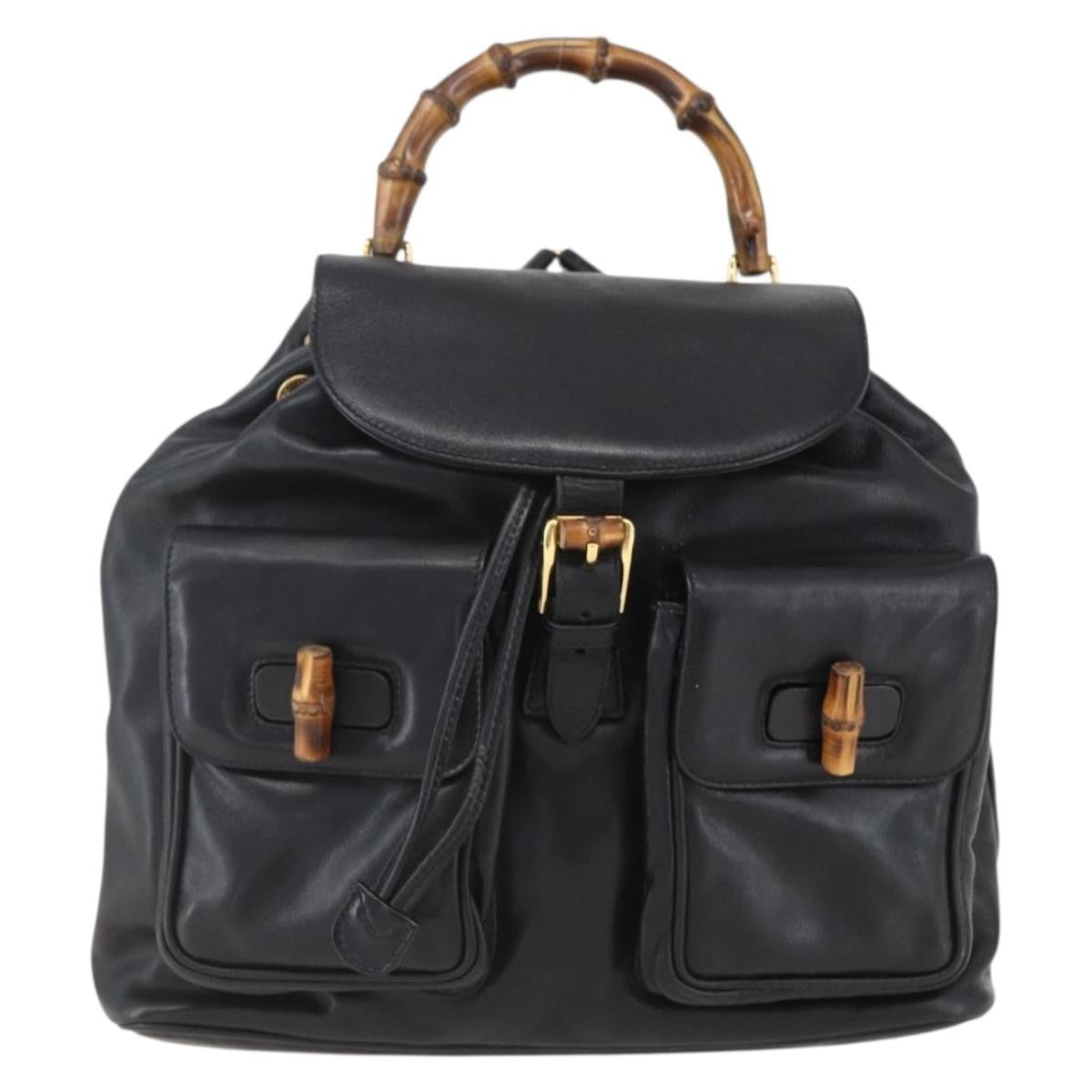 Gucci Vintage Bamboo Backpack Leather Black Leather Backpack Bag (Authentic Pre-Loved)