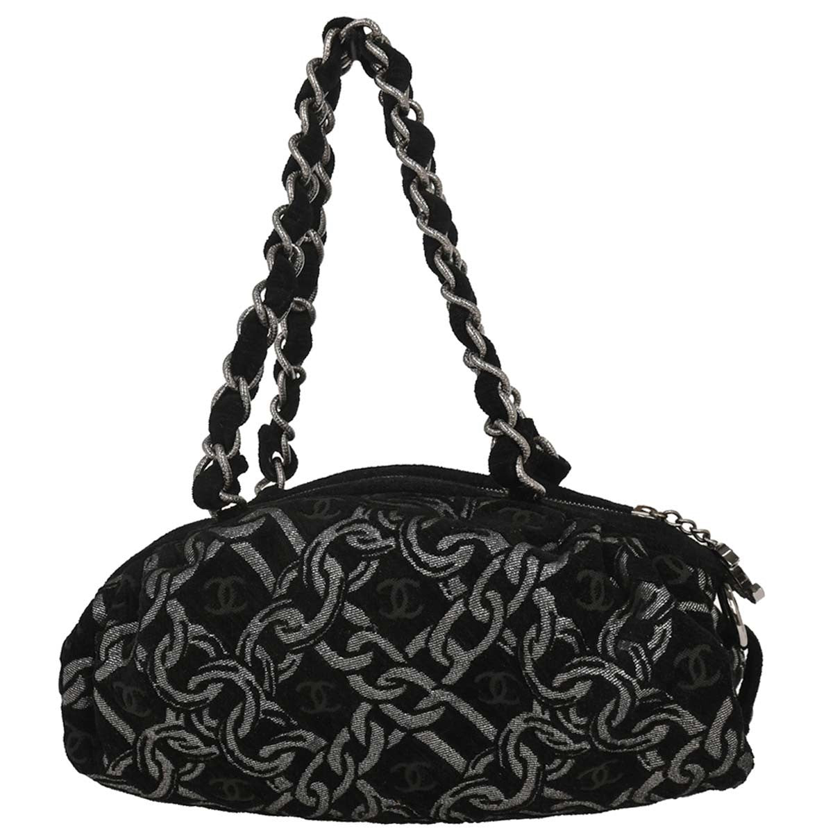 Chanel Vintage Zip Bowler Bag Printed Jacquard Black Cotton Shoulder Bag Bag (Pre-Loved)
