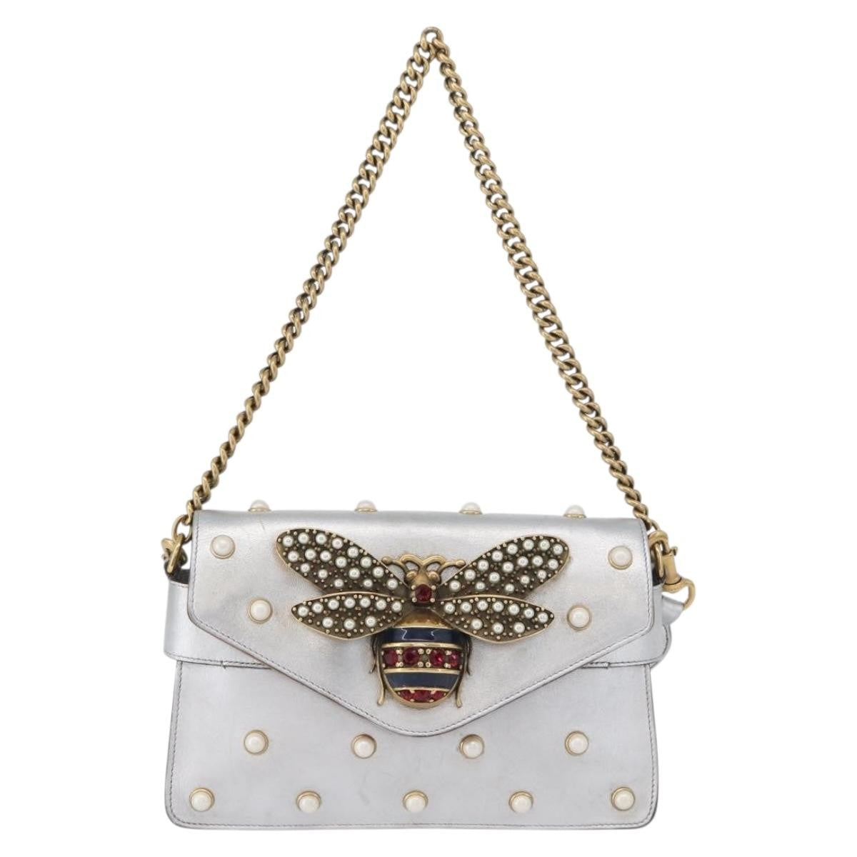 Gucci Broadway Pearly Bee Shoulder Bag Embellished Leather Silver Leather Shoulder Bag Bag (Authentic Pre-Loved)