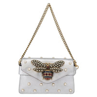 Gucci Broadway Pearly Bee Shoulder Bag Embellished Leather Silver Leather Shoulder Bag Bag (Authentic Pre-Loved)