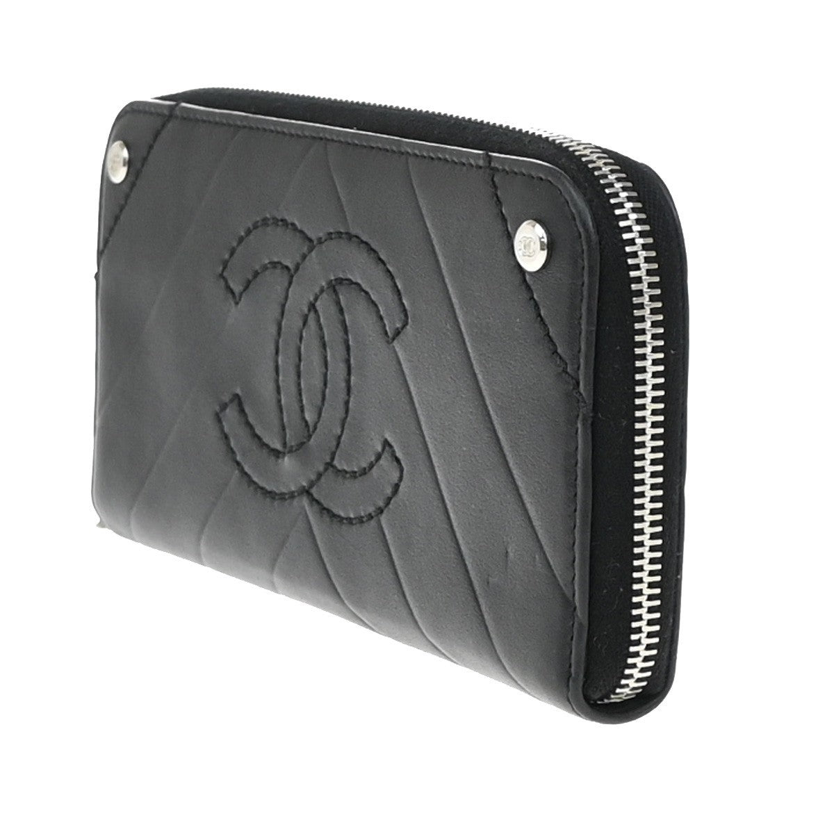Chanel Cc Charm Zip Around Wallet Quilted Lambskin Black Leather Wallets Accessory (Pre-Loved)
