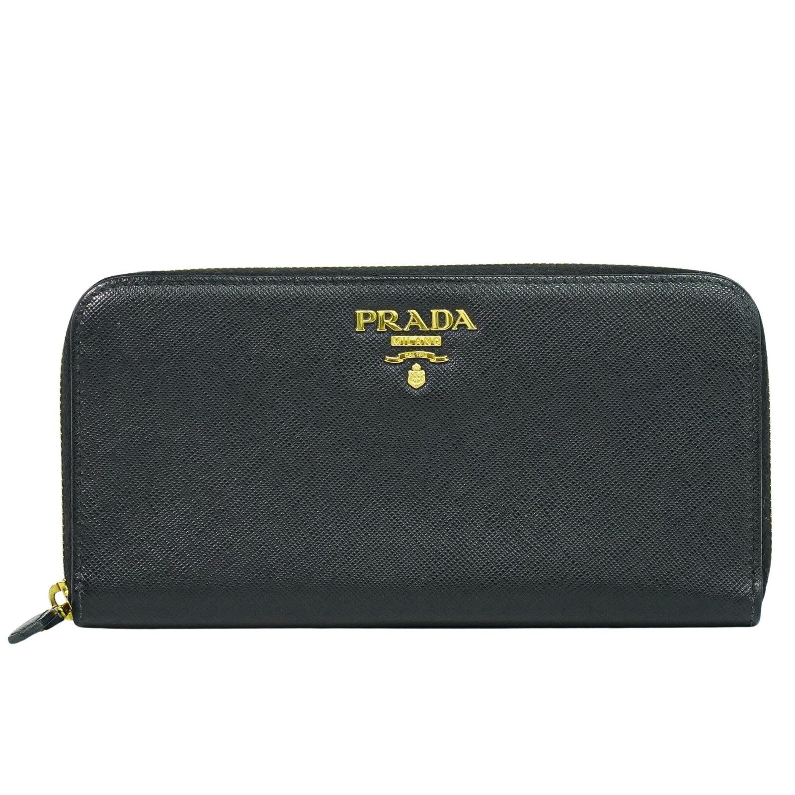 Prada Zip Around Tab Wallet Saffiano Leather Black Leather Wallets Accessory (Authentic Pre-Loved)