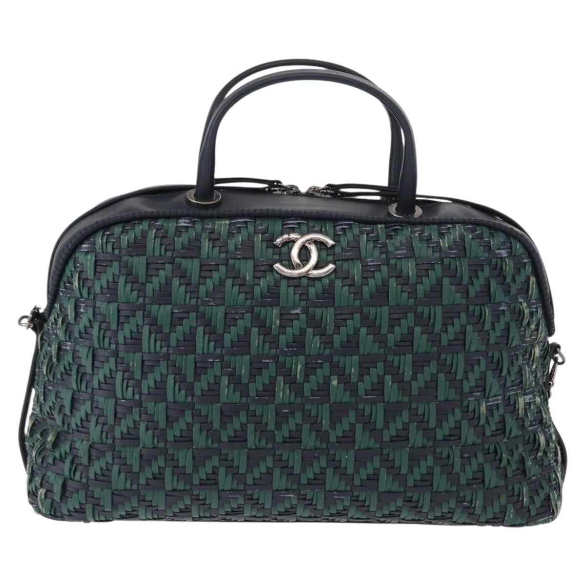 Chanel Convertible Chain Bowler Bag Woven Calfskin Green Leather Handbag (Authentic Pre-Loved)
