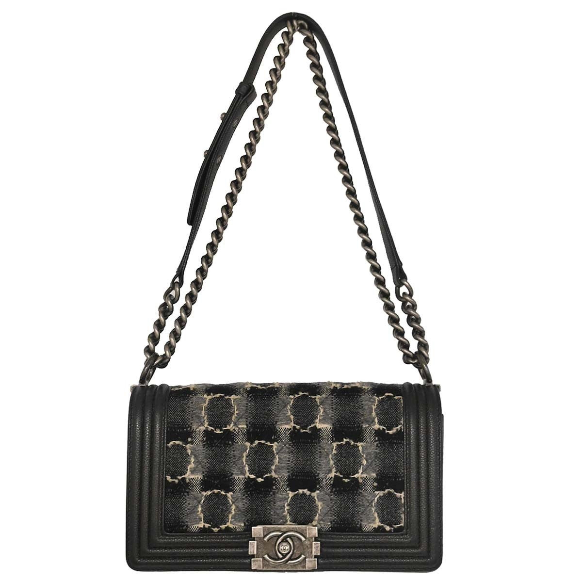 Chanel Boy Flap Bag Tweed And Leather Black Leather Shoulder Bag Bag (Pre-Loved)