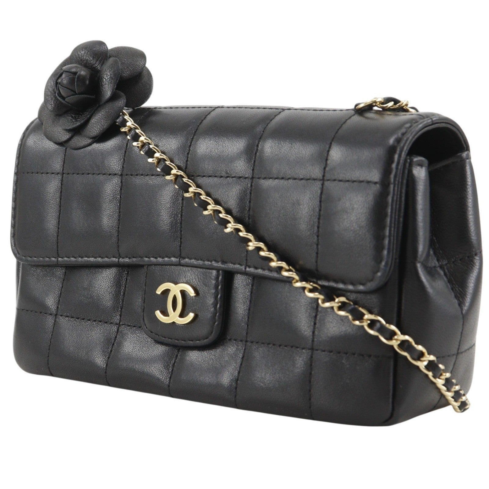 Chanel Chanel Camellia Chocolate Bar Flap Bag Quilted Lambskin Black Leather Shoulder Bag Bag (Pre-Loved)