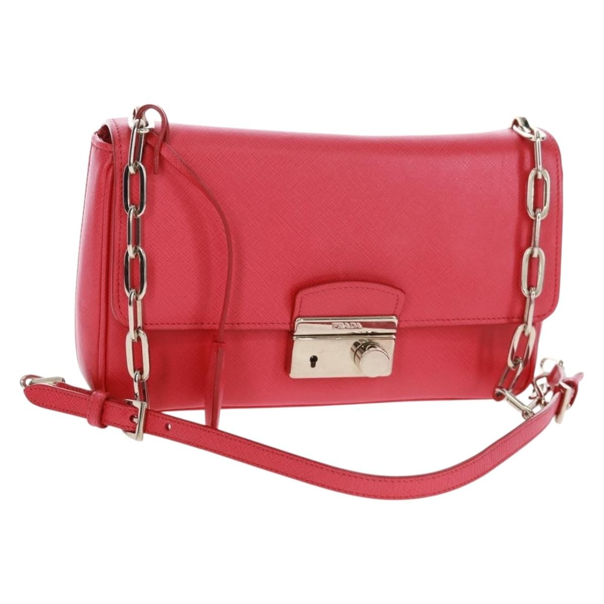 Prada Sound Chain Shoulder Bag Saffiano Leather Red Leather Shoulder Bag Bag (Authentic Pre-Loved)