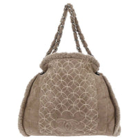 Chanel Vintage Embroidered Cc Chain Tote Quilted Suede And Shearling Brown Suede Tote Bag Bag (Authentic Pre-Loved)