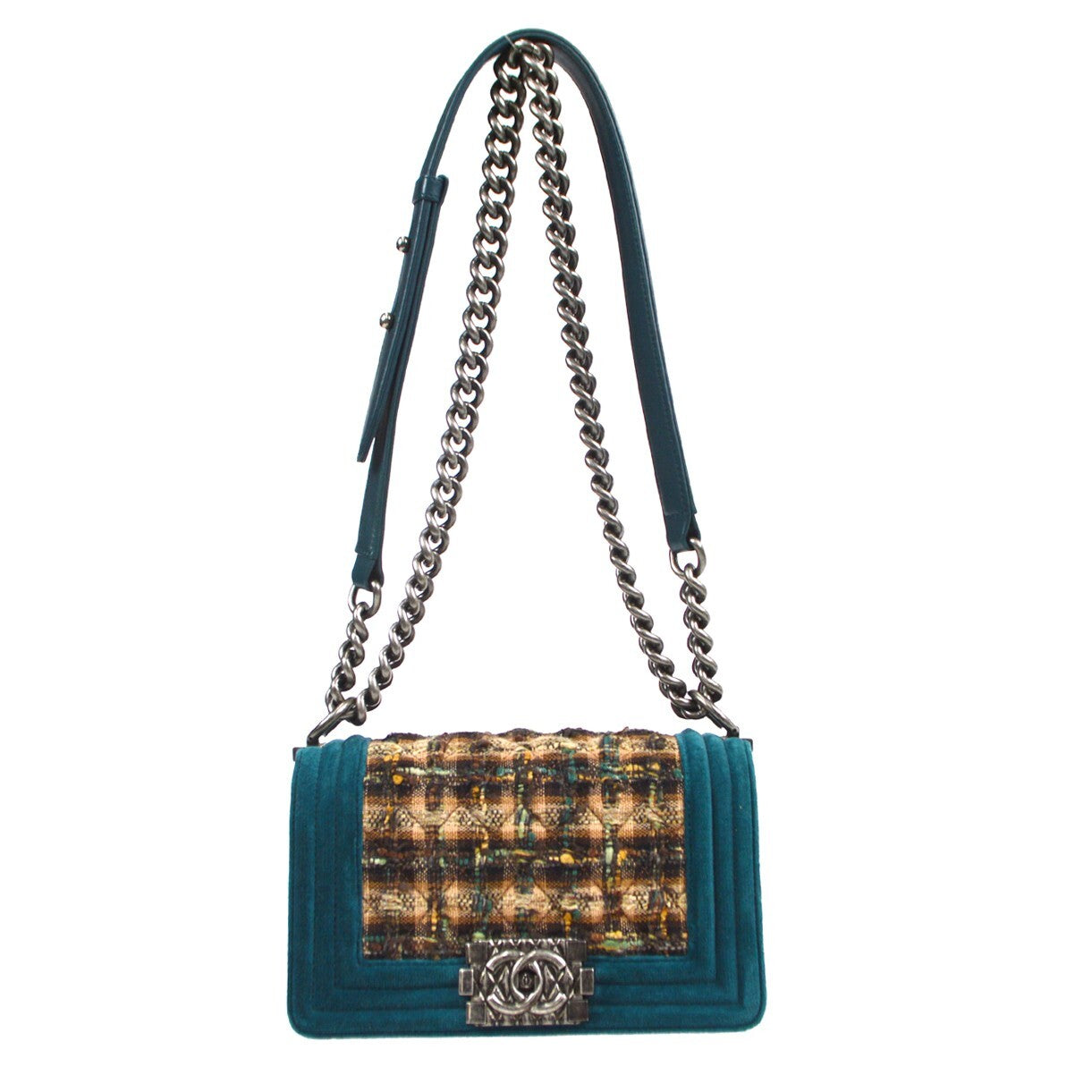 Chanel Boy Flap Bag Quilted Tweed With Velvet Blue Velvet Shoulder Bag Bag (Pre-Loved)