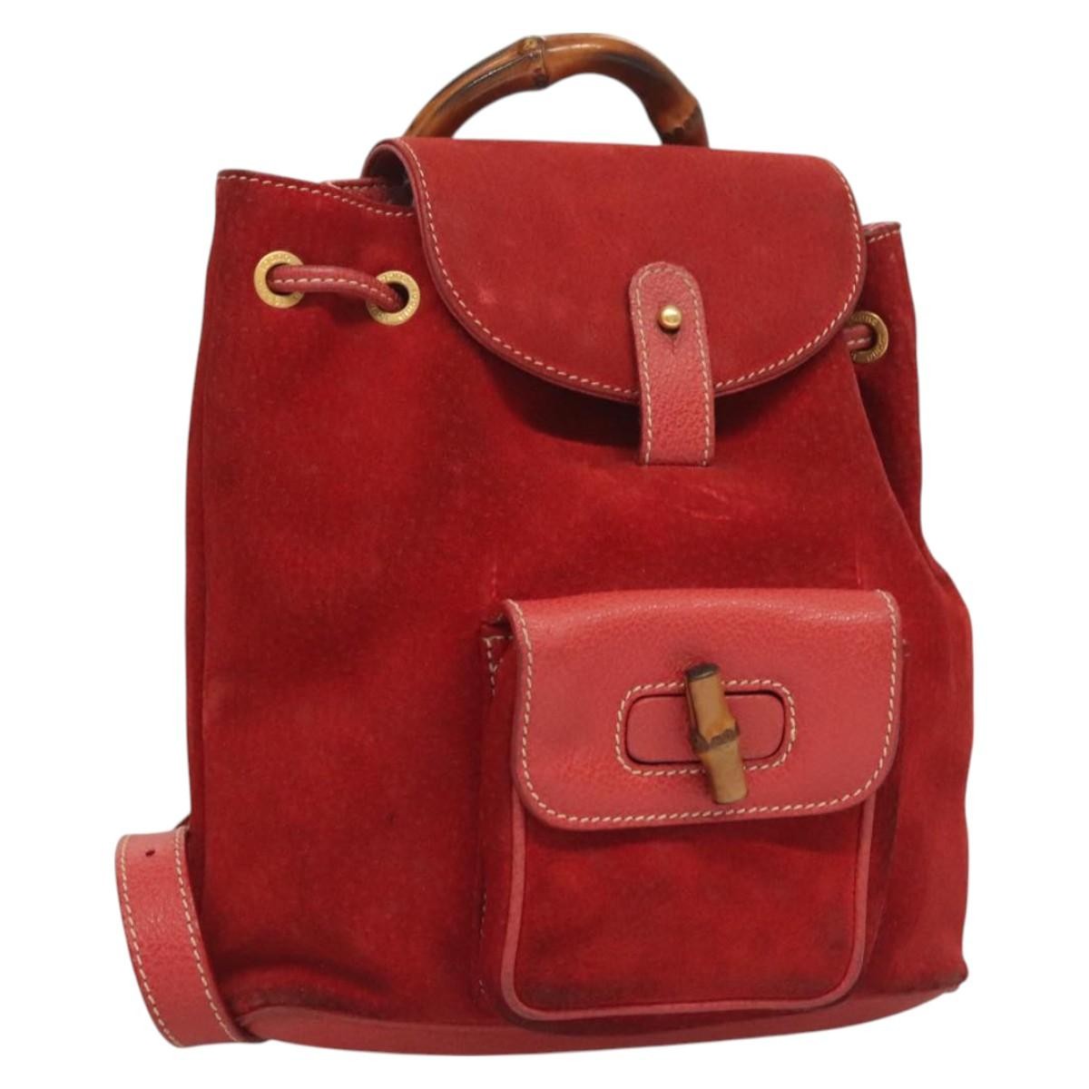 Gucci Vintage Bamboo Backpack Suede Red Suede Backpack Bag
