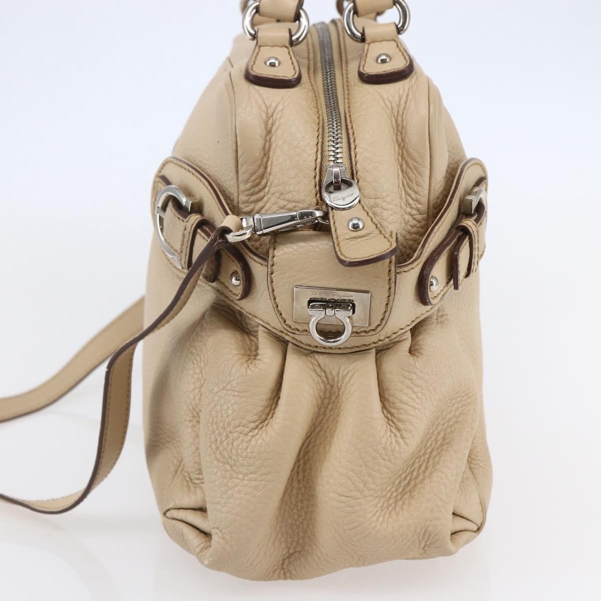 Salvatore Ferragamo Gancini Handbag Leather Beige Leather Shoulder Bag Bag (Authentic Pre-Loved)