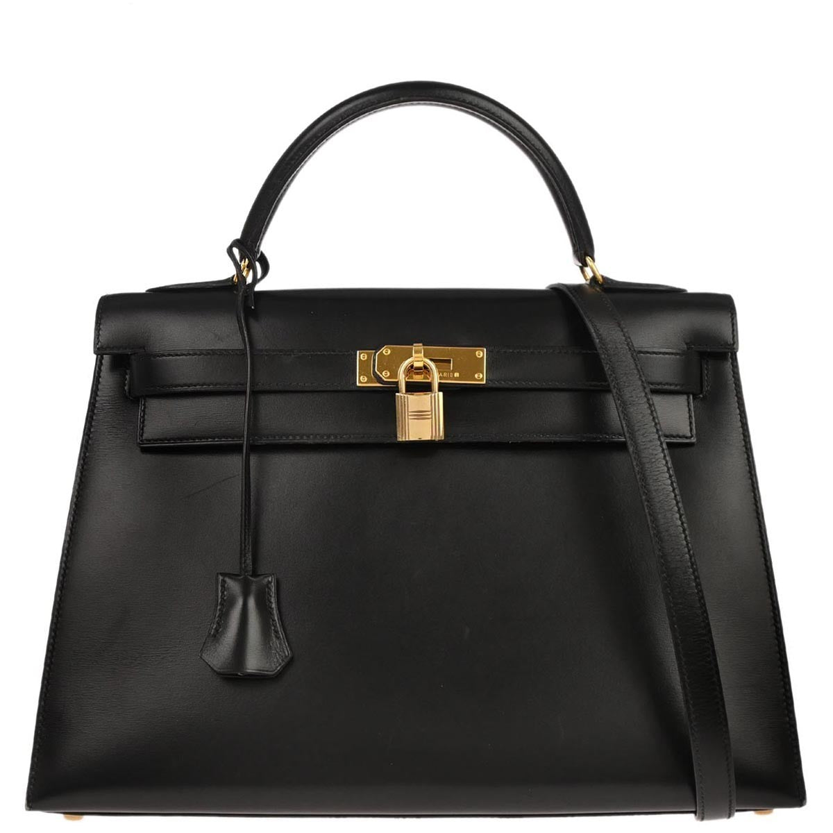 Hermes Kelly Handbag Black Box Calf With Gold Hardware Black Calfskin Handbag (Authentic Pre-Loved)
