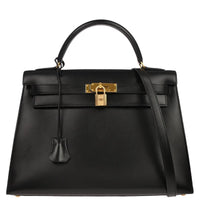 Hermes Kelly Handbag Black Box Calf With Gold Hardware Black Calfskin Handbag (Authentic Pre-Loved)