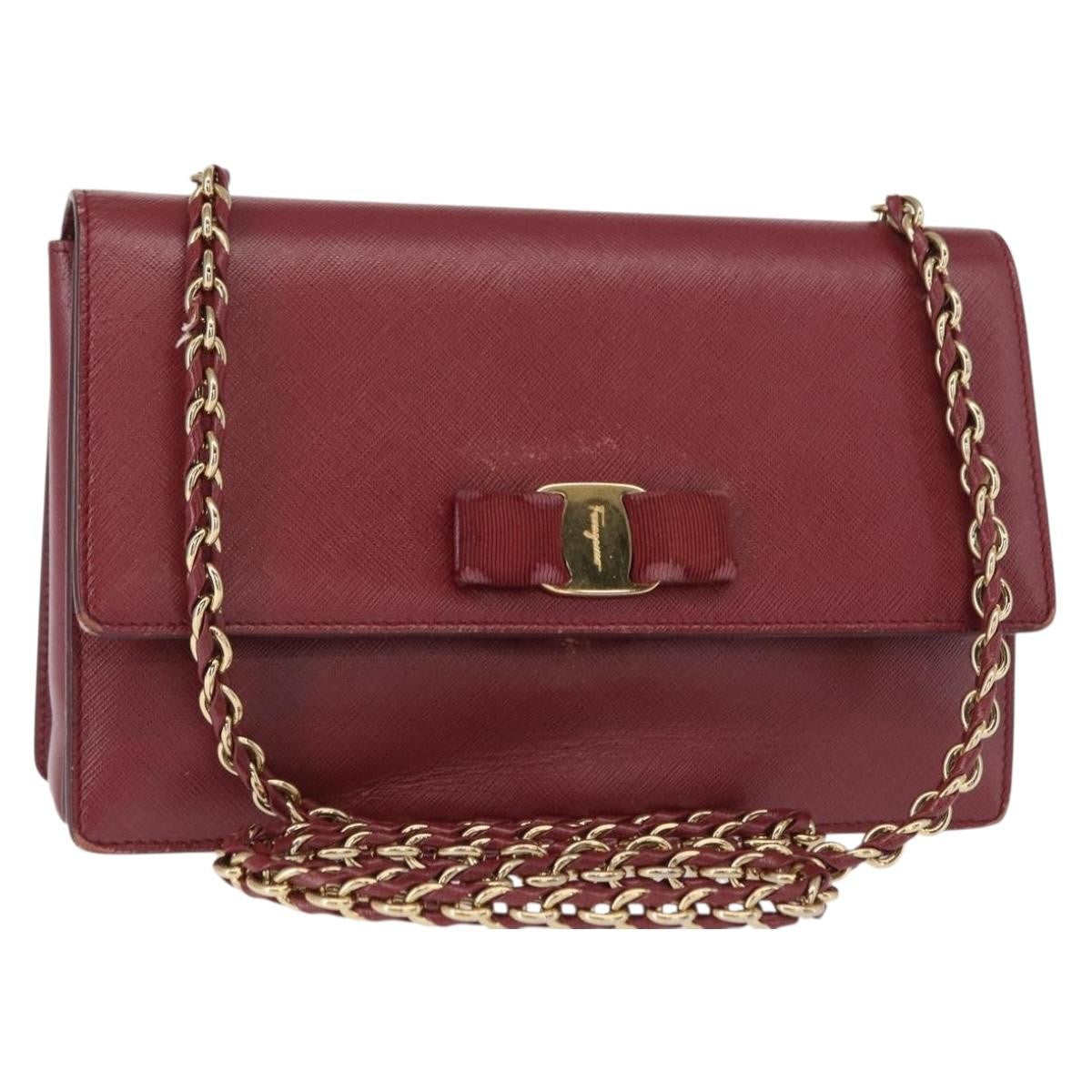 Salvatore Ferragamo Vala Chain Shoulder Bag Leather Burgundy Leather Shoulder Bag Bag (Authentic Pre-Loved)