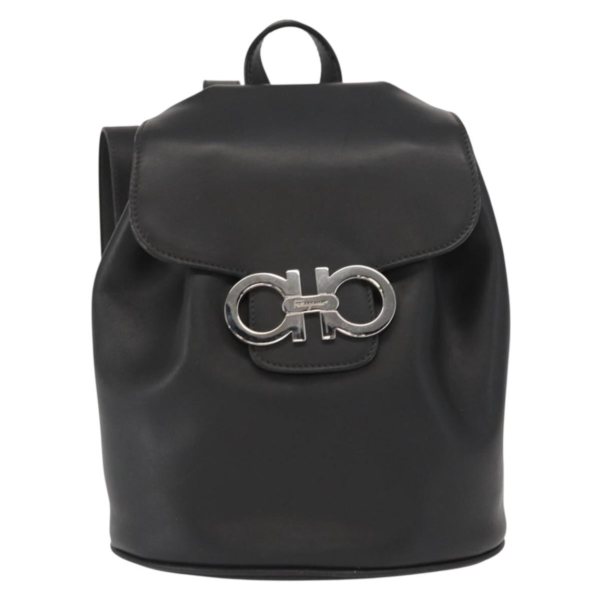 Salvatore Ferragamo Gancini Flap Drawstring Backpack Leather Black Leather Backpack Bag (Authentic Pre-Loved)