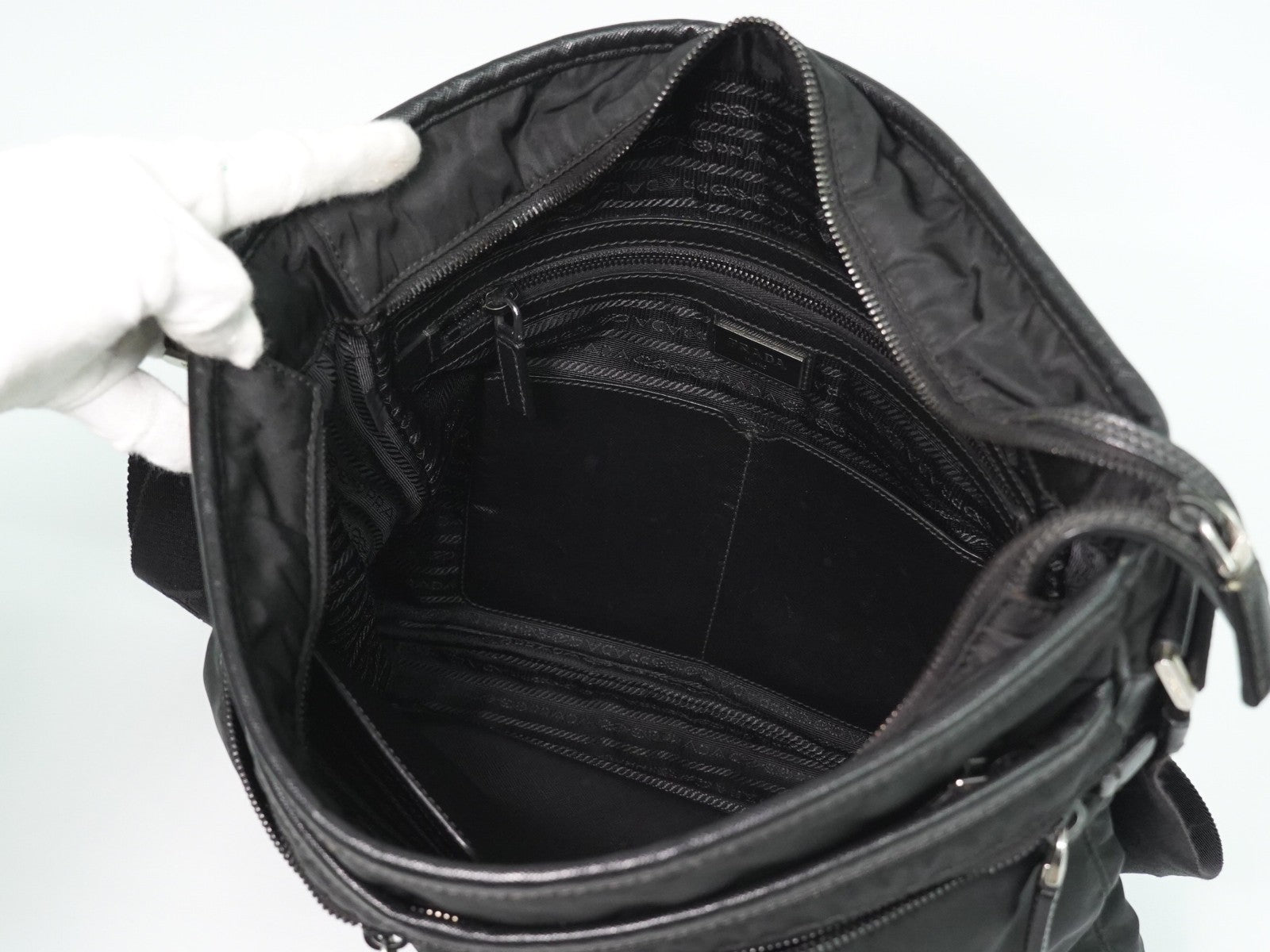 Prada Double Pocket Zip Messenger Tessuto Black Nylon Shoulder Bag Bag (Authentic Pre-Loved)