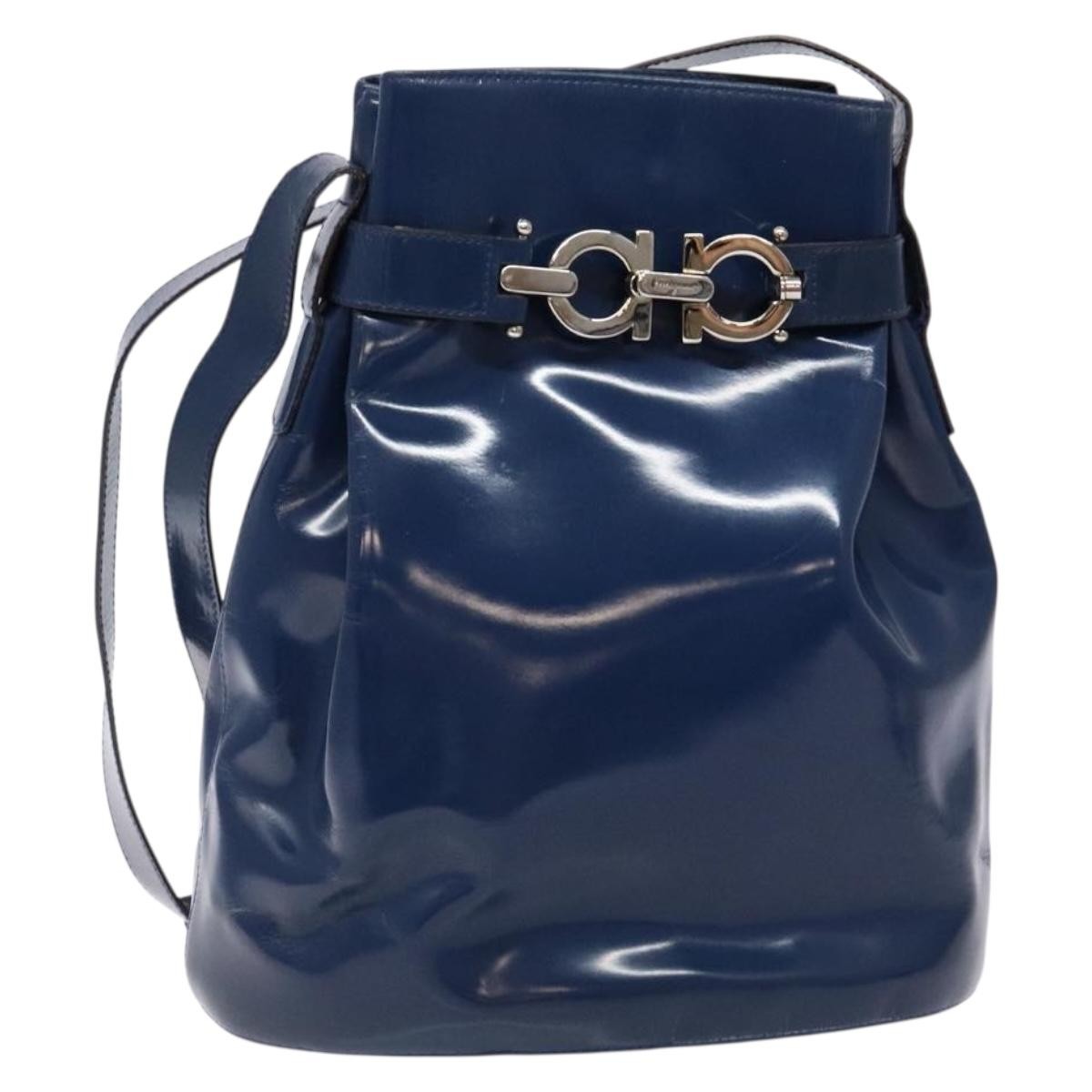 Salvatore Ferragamo Vintage Gancini Bucket Bag Patent Leather Blue Patent_Leather Shoulder Bag Bag (Authentic Pre-Loved)