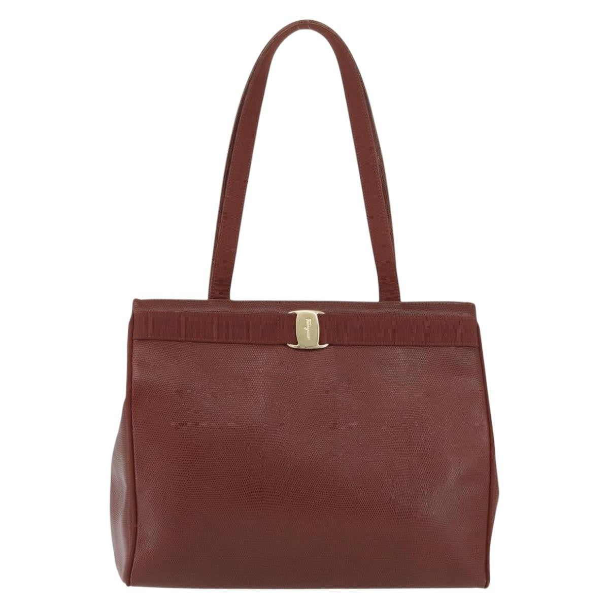 Salvatore Ferragamo Vala Tote Embossed Leather Brown Leather Tote Bag Bag (Pre-Loved)