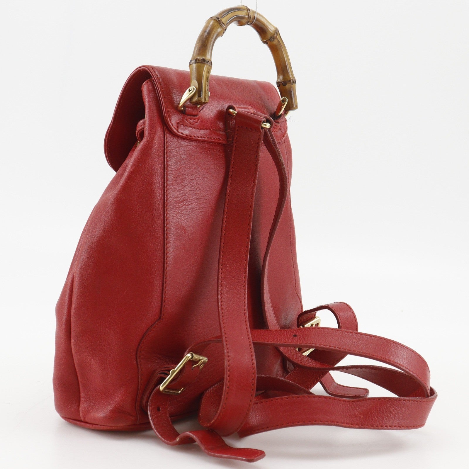 Gucci Vintage Bamboo Backpack Leather Red Leather Backpack Bag (Authentic Pre-Loved)